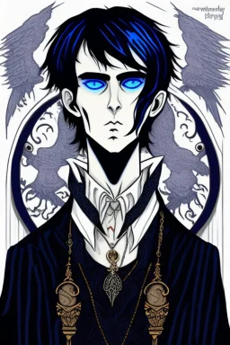 black haired blue-eyed young man necromancer wizard with gothic jewelry in the style edward gorey