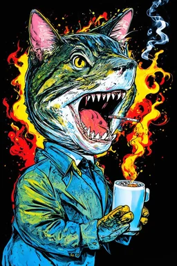 catfish with shark head smoking a ciggarrette in the style of warhol
