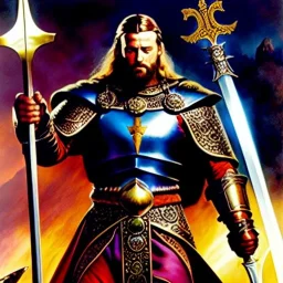 portrait oil on canvas,King Arthur with plate armor and highly detailed excalibur Sword on Right arm,comic book cover, mystical colors,insanely detailed,realistic,intrincate detail, 16k resolution, masterpiece,Frank Frazetta, Alex Horley, Simon Bisley,Oscar chichoni