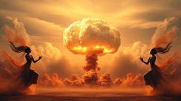 a nuclear explosion cloud(middle), the wind and smoke from the explosion forming shapes of dancing india women(left and right sides), religiose art, fantacy