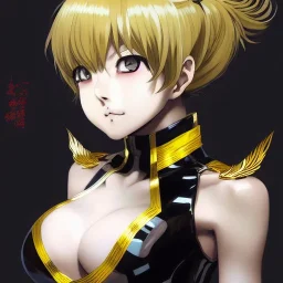 Detailed anime girl portrait of tangsan from my hero academia, gold hair and golden eyes, black suit, intricate details, full body portrait, keep head in frame, slight smile, black Japanese motif, concept art, highly detailed, digital painting, concept art, sharp focus, illustration, art by Yoji Shinkawa, WLOP and greg rutkowski and alphonse mucha and artgerm and yanjun Chen and Junji ito and Makoto Shinkai, HDR, octane render