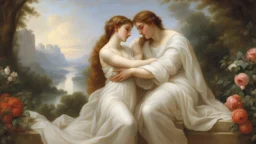 Style Bouguereau, order, peace, lovers embracing, luxury, dream world, calm beauty, fantasy world, magic, beautiful composition, exquisite detail