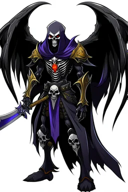 Fry grim reaper knight hero with black wings and cool black plate armor trimmed in gold and purple with a flowing black cape but with a handsome human vampire face