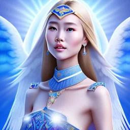 portrait of a beautiful mongolian woman with an angel face smiling,long blond hair, blue eyes, pink and blue dress, jewels, soft light aura