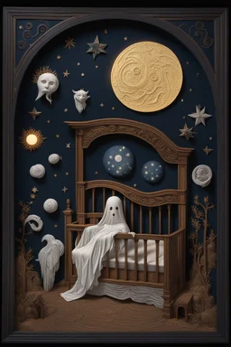 3d stumpwork;ghost haunts room by artist "Agnolo Bronzino";by artist "Hector Guimard";by artist "Hieronymus Bosch";by artist "trompe l'oeil";hyperdetailed matte night sky background;stars,lens flare,moonrays,time for beddy-byes;nigh-nights;sweet dreams;by artist "Betye Saar";by artist "Canan Berber";by artist "Kaikai Kiki";by artist "Christian Schloe"