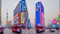 A police Tesla Cybertruck is chasing a Tesla 'Model S Plaid' at top speed, across 'Lotte World', in Seoul (South Korea). CINEMATIC. WIDE ANGLE LENS.
