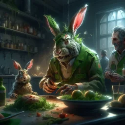 portrait of crazy scientist and army officer irradiating food inside grove with huge fluffy hare with nightmare mutations, 4 k, down-light, soft light, depth of field, photo realism, trending on art station, high detail, spray paint