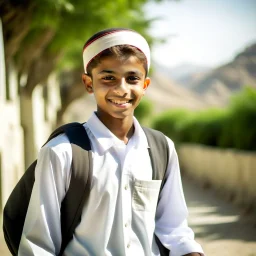 School student, school uniform, Omani, smiling slightly, from behind, school, students, morning, sun