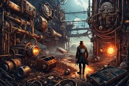 Illustration of a Steampunk Explorer in a Post-Apocalyptic Atmosphere. The condition of being surrounded by machine parts. Mechanical UI And Post Apocalyptic Landscape, Surreal Steampunk Art Style, Reality,. Isometric Asset Style,. Super Details,. Cinematic. Very Focused. HyperRealistic