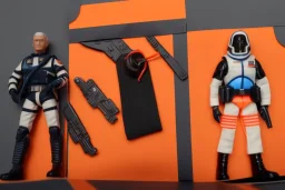 Mike pence G.i. Joe toy doll Space force uniform With accesories inside a blister packaging hanging on a Wallrack in toystore, fluorescent orange, toy guns, wide angle shot whole body, black moonboots, fullsize, bright green pricetag,