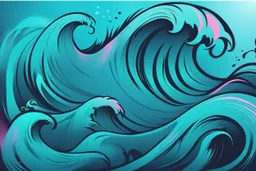 a background of surf waves with black linework, blue teal tones, surf culture, kawaii cute. + vector linework. swirling in bottom right. add pink and magenta emotional graffiti over edges