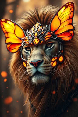 Close-up of a lioness with clear facial features, dressed in an intricate futuristic mask adorned with glowing butterfly-like wings in vibrant shades of yellow and red. The background is set in the warm tones of a fairy-tale forest, creating a sense of enchantment, while the floating orange particles or smoldering embers add a touch of warmth to the image.