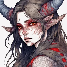 close-up headshot, woman with long brown hair, red eyes, red patches of detailed scales on face, pointed ears, beautiful monster, intricately detailed, colored sketchy manga style, splotchy watercolor background