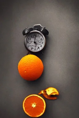 portrait, an orange with a clock embedded in its rind, AbstractTech clockpunk, Food photography, beautiful, delicious food, recipe photography, realistic, natural light, colorful, food art, object photography, vignette, ultra HD