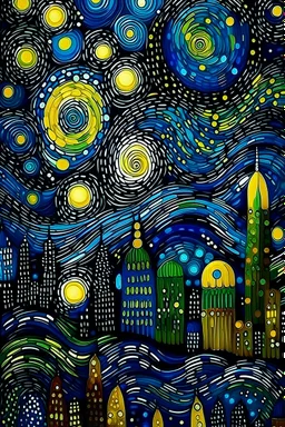 Combine the whimsical style of Yayoi Kusama with the atmospheric elements of Vincent van Gogh to create a cityscape with a starry night sky.