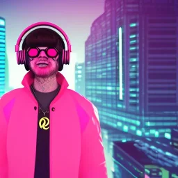 stylized Rabbit, smiling, cyberpunk headphone, sunglass, gangsta gold neckless, full body, magenta puffer jacket, manila city backdrop, dramatic lighting, hyper realistic, unreal engine 5, 16k