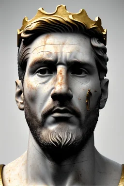 Ultra Realistic image, classical renaissance sculpture, white marble and gold material, Lionel Messi, emperor style, gold Laurel leaves crown, chisel style, waist up portrait, epic, celestial, cinematic lighting, God light, god rays, 4k resolution, smooth details, ornate details, soft lighting, unreal engine 5, sky background.