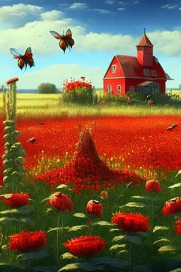 field, farm, scarecrow, plants, red flowers, grass, sky, bees, honey, bee houses, trees, fountain, flowers