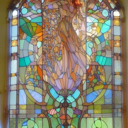 A big Art Nouveau stained-glass window in an Art Nouveau villa by artist "Alphonse Mucha"