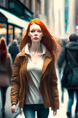 slim redhead woman walking across a busy street