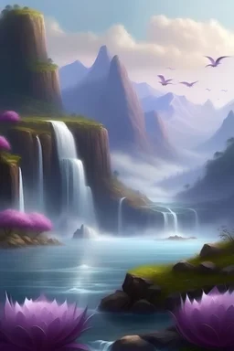 Paisaje realista nítido sin brumas con una gran flor de loto violeta, con cascadas, pájaros volando, a lo lejos las montañas, tonos naturales
