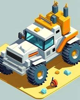Isometric bobcat skidsteer with front bucket attachment, cartooned proportions, Digital painting