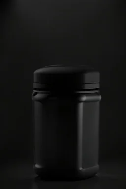 black container, plastic, realism, with screw lid, no labels, round container, view from the front, protein powder, dark studio setting, black background, large container