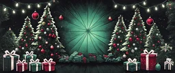 A christmas banner, symetrical, christmas trees with ornaments, light in the center, presents in front of the trees, lights on the top of the image. Realistic, dark and moody. Dark geen tones, red highlights. very dark illustrations, inky illustration style. not happy, but moody christmass.