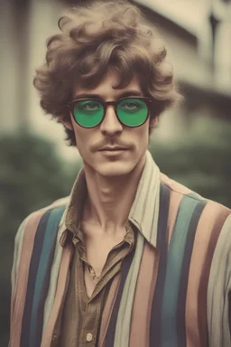 man with Parisian bohemian look and glasses of colours and poor hair on the head. Farsightedness glasses and big eyes. Vintage look and feel like photos of the 70s