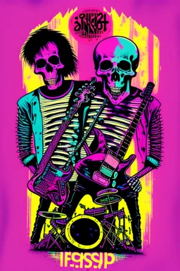 upclose tshirt print of a band,"Mashup" & "Cozy Condition", cool and trendy 90s funk vibe, selective colors, skeleton shadow figures, drums, guitars, fluits, chaotic