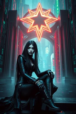 cyber-goth warrior woman in black makeup, black cyber-goth clothes with matrix style sitting by giant stars gate, utopistic scifi, dark colors, fashion, random matrix city background, high detailed, high realistic