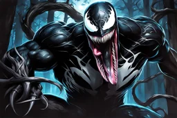 Venom Shadow symbiote in 8k realistic anime drawing style, bear them, neon ice power, dark forest, highly detailed, high details, detailed portrait, masterpiece,ultra detailed, ultra quality