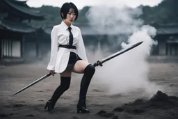 Japanese Culture Style, Neo Photorealistic Art, Emotional Photos, 35mm film, Young Japanese Woman, Black short hair, Platform thigh boots, white shirt, black tie, Stockings, Standing, A Japanese sword is stuck into the ground, smoking, simple background