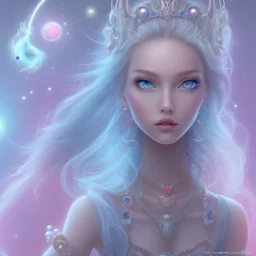 cosmic petit prince belle fine, profil de trois quart, grand front cosmique, peau bleu cristalline, yeux bleu, perle sur le front long cheveux blond et rose etoilé, cristaux sur le corps, collier de grande princesse, levres souriante, très jolie sourire