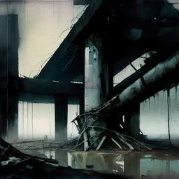 Dark Contemporary abstract painting of Lebbeus Woods concrete carpark in a wasteland techno decaying landscape. Hazy foggy night sky. Concrete ground. Exposed twisted concrete and pipes. Style Justin Mortimer and Francis Bacon. Close up