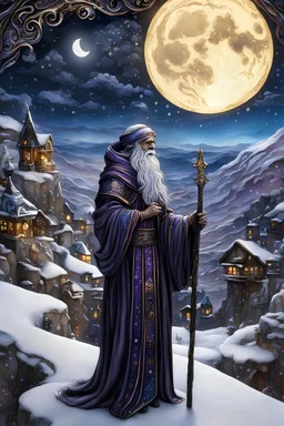 3D embossed textured ethereal image; bleak, dismal style, midnight hues, black, blue, purple, copper, yellow, gold, silver; hermit with a detailed, wizened old face and an ornate staff stands on a snowy cliff gazing across a celestial valley at a faraway village; stained glass, agate with silver foil highlights, snowflakes, sparkles, full moon, nebula sky, stars, pearls, shooting stars, sequins, cut gemstones, beads, glitter, , extreme neon color, Garbage Pail Kids, vaporwave