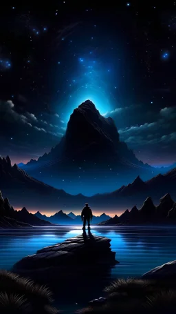 with his back in the door to heaven, galaxy, infinity, space, water , An otherworldly planet, bathed in the cold glow of distant stars. The landscape is desolate and dark. The landscape is desolate and dark, with jagged mountain peaks with his back in the door to heaven, galaxy, infinity, space, water , statue , sci-fi, infinity, space, water , statue , sci-fi. Stone temple structure with spherical theme. cosmos, panorama Background: An otherworldly planet, bathed in the c