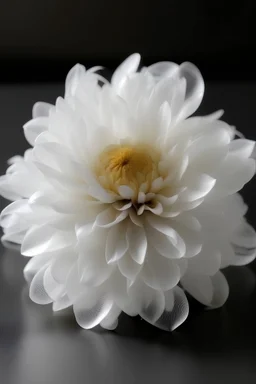 A decoration with chrysanthemum petals in organza in total white