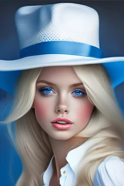 beauty girl blond hair romantic blue blouse make up white hat