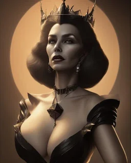 old evil queen in black leather gown, femme fatale, volouptous, busty, cleavage, angry, emperious, 8k resolution concept art portrait by Greg Rutkowski,