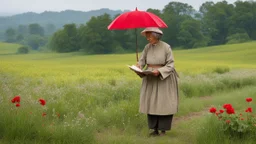 An elderly peasant woman, seen in full body, wearing clothing appropriate to her work, is reading a letter outdoors. She is standing and holding a red umbrella, and is in a field of grass and flowers with many trees in the background.