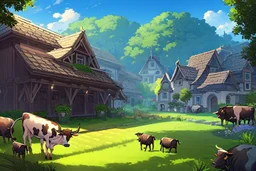 Farm, green grass, house, girl , cow's tail, cow's horne , cow's under