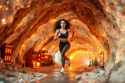 make a video pretty crystal cave covered with jewells and CIFI jewell lights and miniature city buildings and miniature people and streets, a beautiful fashion model lady with cute,curvy hair,makeup, in pretty sports suit is running inside cave ,dynamic camera fallow her inside cave capturing full body, dynamic lights.