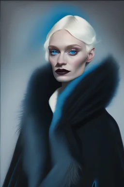 Portrait of a platinum blonde woman with blue eyes wearing a black fur shawl and white asymmetric Balenciaga dress, with a black headpiece. !990s fashion inspired.