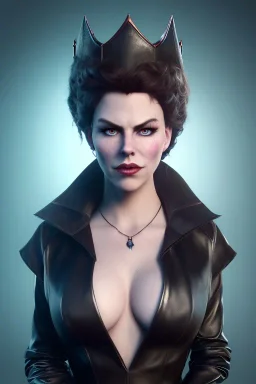 Hannah Waddingham as evil queen in black leather, busty, cleavage, voluptous, rebecca Welton, angry, stern look. character design by cory loftis, fenghua zhong, ryohei hase, ismail inceoglu and ruan jia. unreal engine 5, artistic lighting, highly detailed, photorealistic, fantasy