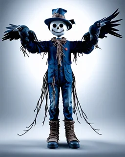 terrifingly cute cyberpunk scarecrow holding a crow, in the style of Android Jones, photography, head to toe, full body shot, white, navy blue grey, very detailed, very clear photo, 3D,