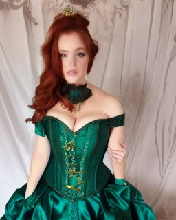 Busty princess with long auburn hair green eyes wearing a big dark teal green and gold satin ballgown corset off shoulder top casting magic full body and face