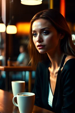 image of a pretty blind young woman sitting in a coffeeshop. 4k. Photorealistic