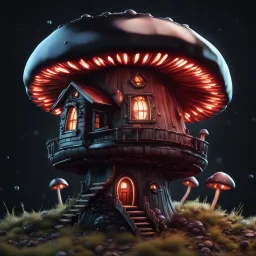 A funny floating mushroom house in space. cold neutral colors, black, Detailed gloss Painting, rich color, fantastical, intricate detail, splash screen, hyperdetailed, insane depth, concept art, 8k resolution, trending on Artstation, Unreal Engine 5, color depth, dynamic lighting, splash art, dramatic, masterpiece, excellent quality beautiful Fun Imaginative, unique, great composition