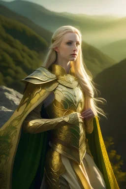 Realistic photography,young female elf, beautiful blonde shoulder length straight hair, front view, looking at viewer, blonde long hair, intricate golden and white armor, delicate golden and white filigree, golden metalic parts, detailed part, glowing blue eyes, dynamic pose, intricate green cape, dynamic lighting, full body shot, on a hill overlooking a mountain